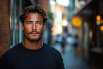 Fototapeta premium urban streetscape with a confident male model showcasing a sleek black tshirt surrounded by city architecture and ambient lighting