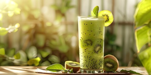 Tall Glass of Refreshing Kiwi Juice on Wooden Table with Natural Sunlight and Greenery