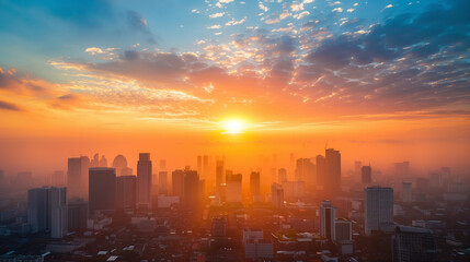 Fototapeta premium City skyline with modern buildings under a vibrant sunrise and colorful clouds