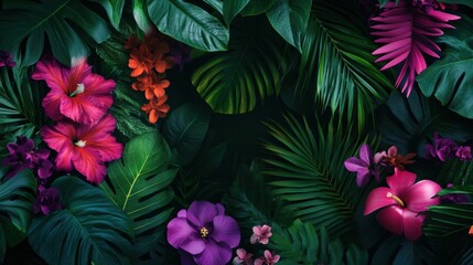 Vibrant exotic flora with brightly colored flowers and lush