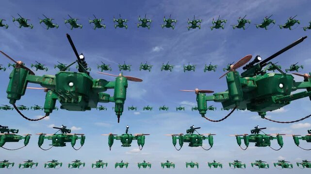 A massive swarm of AI-controlled autonomous military drones scanning and eliminating enemy targets below.