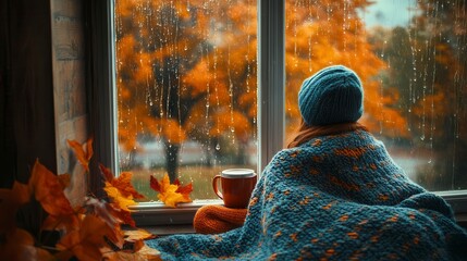 Woman wearing knitted clothes enjoying autumn rainy day inside