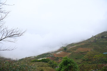 The clouds drifted along the mountainside