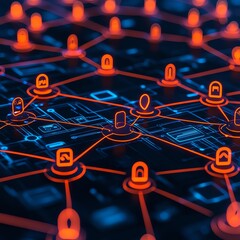 A vibrant digital network of interconnected nodes illuminated in blue and orange, symbolizing cybersecurity and data connectivity.