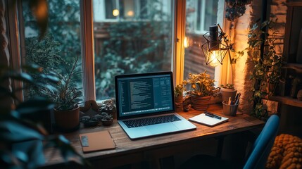 Cosy home office setup for remote work with plants and microphone