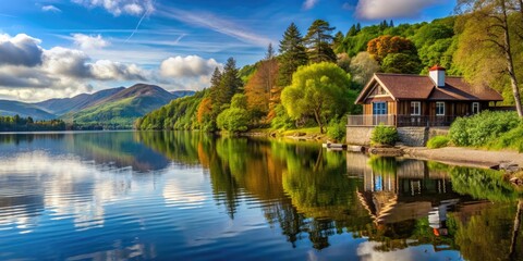 Obraz premium Scenic house situated on a tranquil lake shore , waterfront, home, reflection, serene, peaceful, cabin, nature, calm