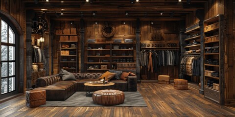 A cozy and luxurious clothing boutique featuring wooden interior elements, a comfortable leather sofa, and organized shelves displaying neatly folded apparel and accessories