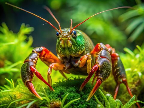 A colossal redclaw crayfish showcases its vibrant orange armor adorned with verdant green algae growths, accentuating its unique natural beauty in an underwater photograph.