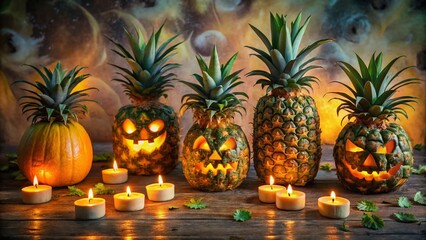 Spooky pineapple carvings adorned with glowing candles and eerie decorations offer a unique and creative way to