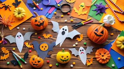 Spooky paper bats, ghosts, and jack-o-lanterns adorn a DIY craft table, surrounded by colorful paper scraps, glue, and