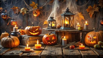 Spooky pumpkins, cobweb-covered lanterns, and eerie candles surround a vintage wooden table, setting the tone for a
