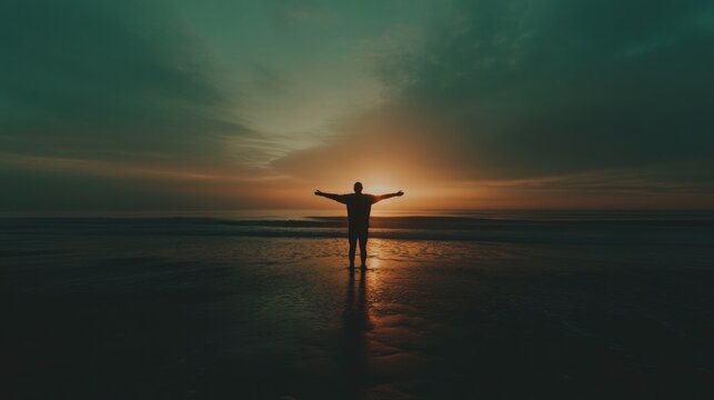 Silhouette of a man in worship on the beach at sunset.