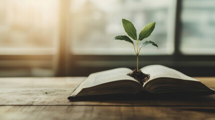 Flourishing in Faith. A sprout emerges from the Bible, representing new life through faith.
