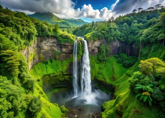 Fototapeta premium A lush green cliff's staircase to the sky, an enormous waterfall plunges downwards, a dazzling display of nature's power in a tropical haven.
