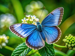 A majestic blue and white butterfly rests on a fragile flower against a lush green backdrop, its delicate beauty on full display.