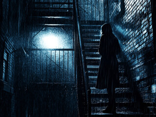 A person is walking down a dark staircase in the rain