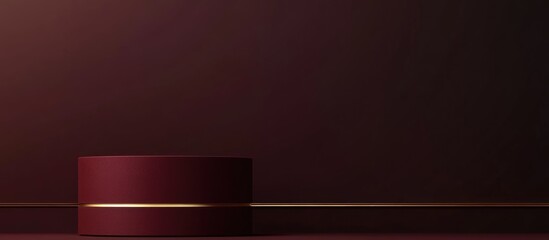 Obraz premium 3D rendering of a vibrant maroon and dark red empty product display scene featuring a cylindrical podium or stand viewed from above with a golden line for showcasing luxury items against a minimal