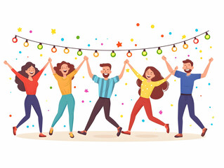 Flat Candid New Year Eve Dance Concept: Lively People Celebrating with Colorful Lights in Festive Atmosphere - Simple Vector Illustration for Smart Business Use