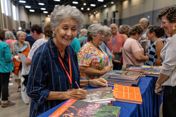 Author signing books at a crowded event, enthusiastic readers holding copies and smiling.