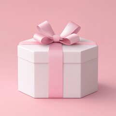 Fototapeta premium A beautifully wrapped pink gift box with a ribbon, set against a soft pink background, perfect for celebrations and special occasions.