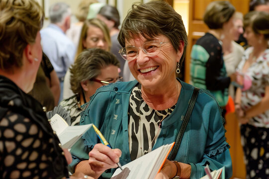 Author signing books at a crowded event, enthusiastic readers holding copies and smiling.