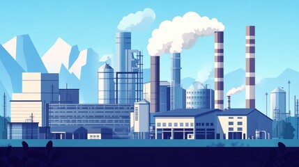 Fototapeta premium Modern industrial plants with smoke depicted through flat illustrations showcasing factory buildings