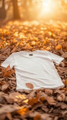 A t-shirt mockup lying on a bed of fallen leaves in a park, with golden light from the setting sun, showcasing seasonal apparel designs.