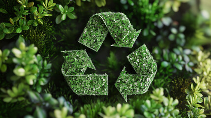 Green recycle symbol icon sign maked from paper on green plant background