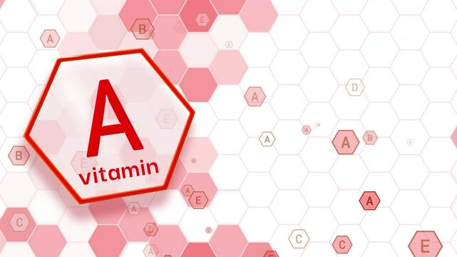 Vitamin A hexagonal red icon on a white background. Copy space. Looped animated medical frame.
