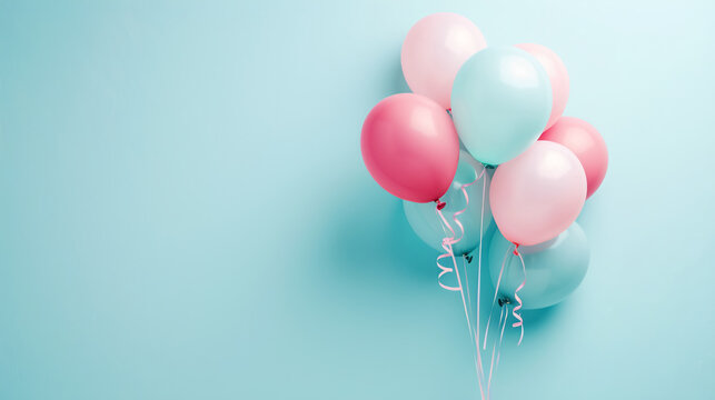 Bunch of balloons on a light blue background with space for text