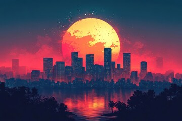 Fototapeta premium vibrant cityscape at dusk minimalist vector illustration of a city skyline silhouette against a gradient sky stylized sun setting behind skyscrapers in bold warm hues