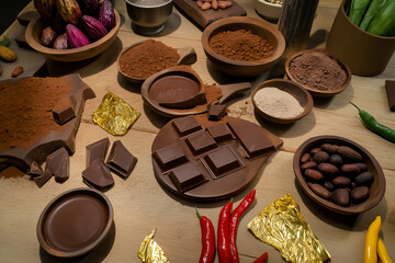 a wooden table with cocoa beans chocolate bars and unique ingredients for preparation