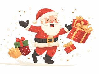 Flat Santa Delivering Gifts with Soft Focus & Bokeh Lights: Joyful Expression Captured in Simple Vector Illustration