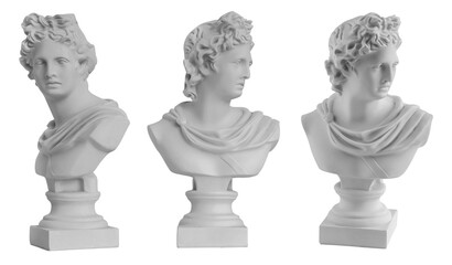 White plaster copy of the antique statue of Apollo, the God of the Sun. Isolated object on a transparent background. Statue as decoration in the interior. Plaster sculpture of a human face