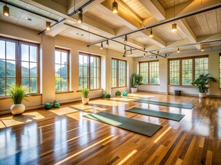 Fototapeta premium Serene yoga studio with natural light, warm wood floors, and minimal decor, awaiting a skilled instructor to guide students in mindfulness and relaxation.