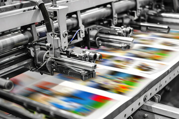 Printing press in action, freshly printed pages emerging, vibrant ink colors visible.