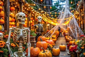 Spooky skeletons, glowing pumpkins, and cobweb-covered decor clutter a colorful autumnal aisle, beckoning shoppers to
