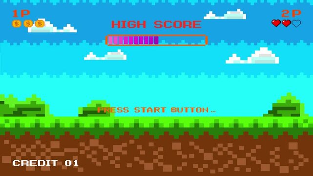 PRESS START. press start button. Pixel Game Background Natural Landscape with Blue Sky, Trees and Green Grass Pixel 8-Bit Video Game