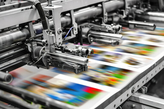 Printing press in action, freshly printed pages emerging, vibrant ink colors visible.