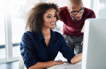 Office, businesswoman and solution with computer for mentor, guidance and feedback for internship...