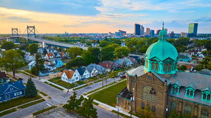 Aerial View Toledo Skyline with Church Cross and Bridge at Golden Hour