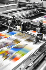 Fototapeta premium Printing press in action, freshly printed pages emerging, vibrant ink colors visible.