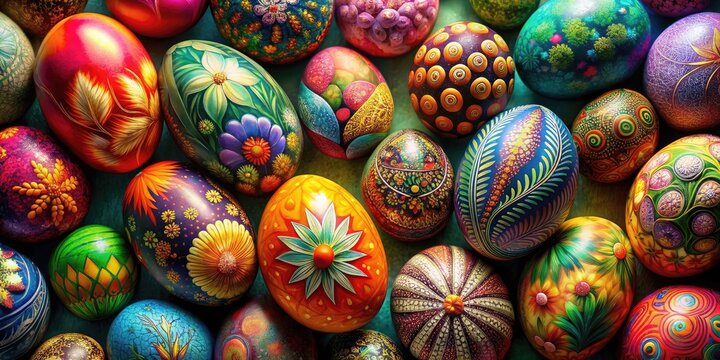 Vibrant collection of intricately designed Easter eggs showcasing a fusion of art and nature , Easter, eggs