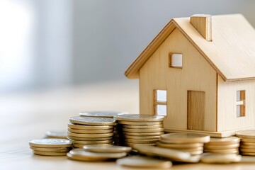Wooden house model is placed on top of the table, surrounded by stacks of coins. The background features blurred 