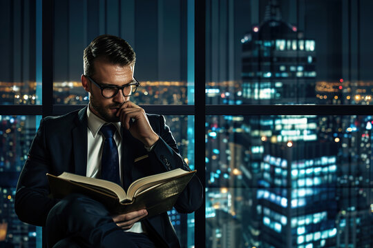 Literary agent reading manuscript in modern office, thoughtful expression, cityscape background.