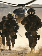 Three soldiers are running through a desert with a helicopter in the background