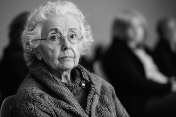 Senior Woman with Dementia in Thoughtful Moment - Black and White Photograph for Alzheimer's Awareness and Elderly Care Design.