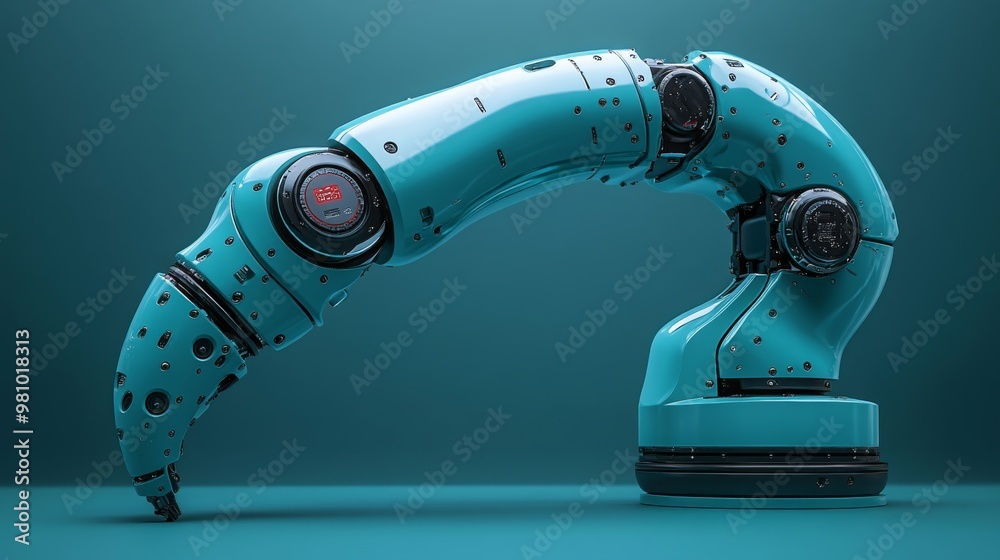 Poster exploring the ergonomic design features of advanced robotic arms in a modern workshop environment