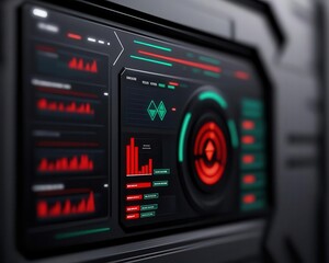 Close-up of a futuristic digital interface display with vibrant red and green colors for data analytics and cyber technology.