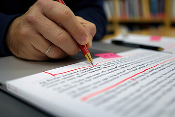 Editor marking corrections on printed manuscript, red pen and post-it notes in hand.